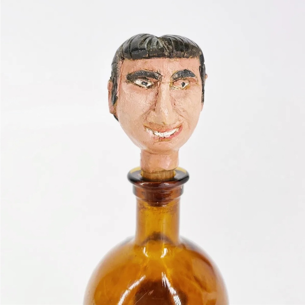 Vintage ANRI TYPE German Man Medicine Bottle Stopper Wood Hand Carved Brown Hair